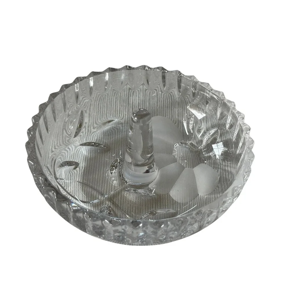 Vintage Clear Glass Ring Holder Dish Frosted Flower Design Trinket Ring Tray